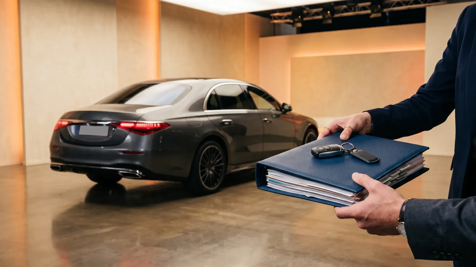 Carnet d'entretien et classeur de factures remis avec les clés devant une berline grise, dans un showroom automobile