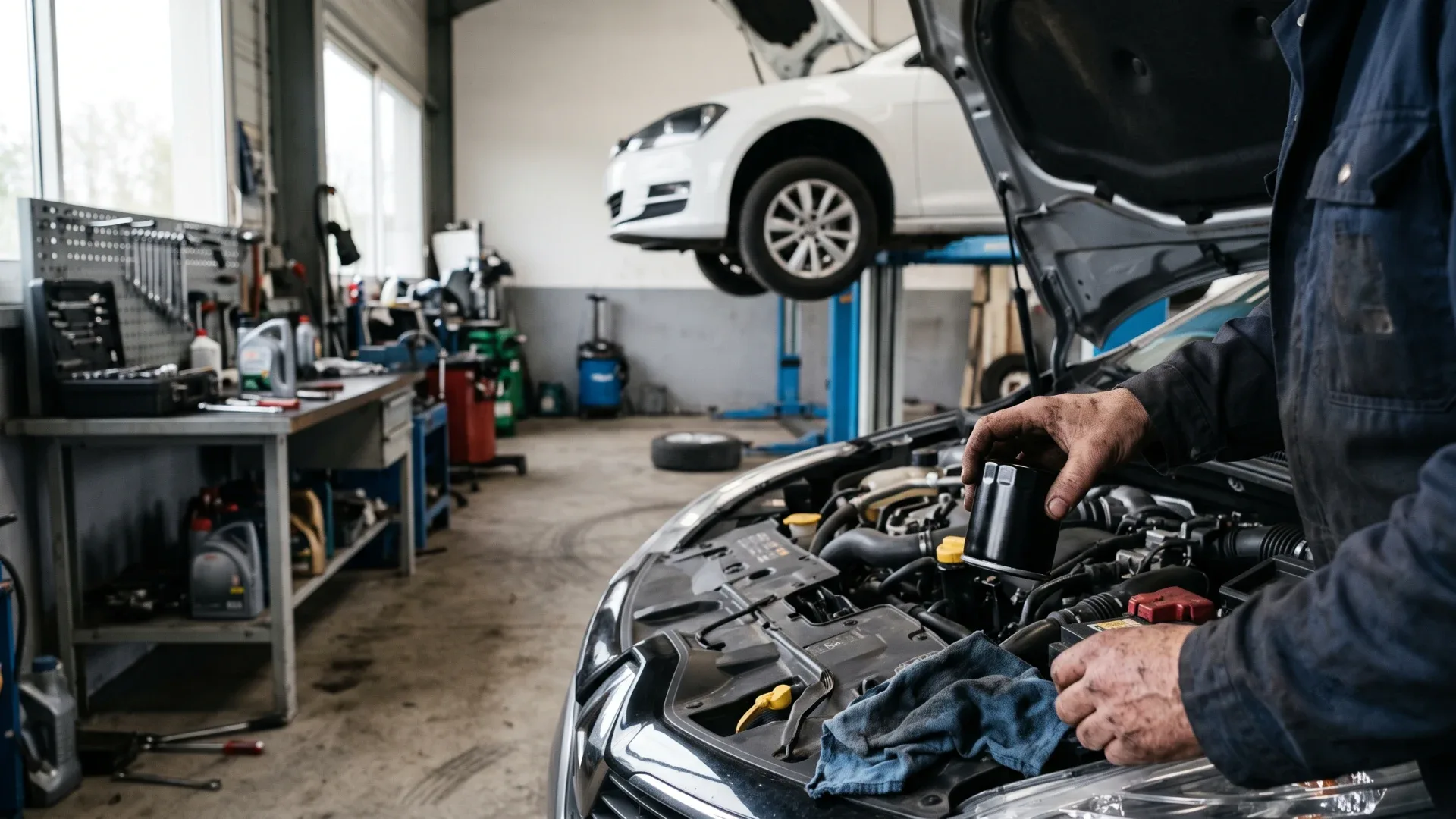 Contrôle des niveaux moteur pendant une révision voiture en atelier