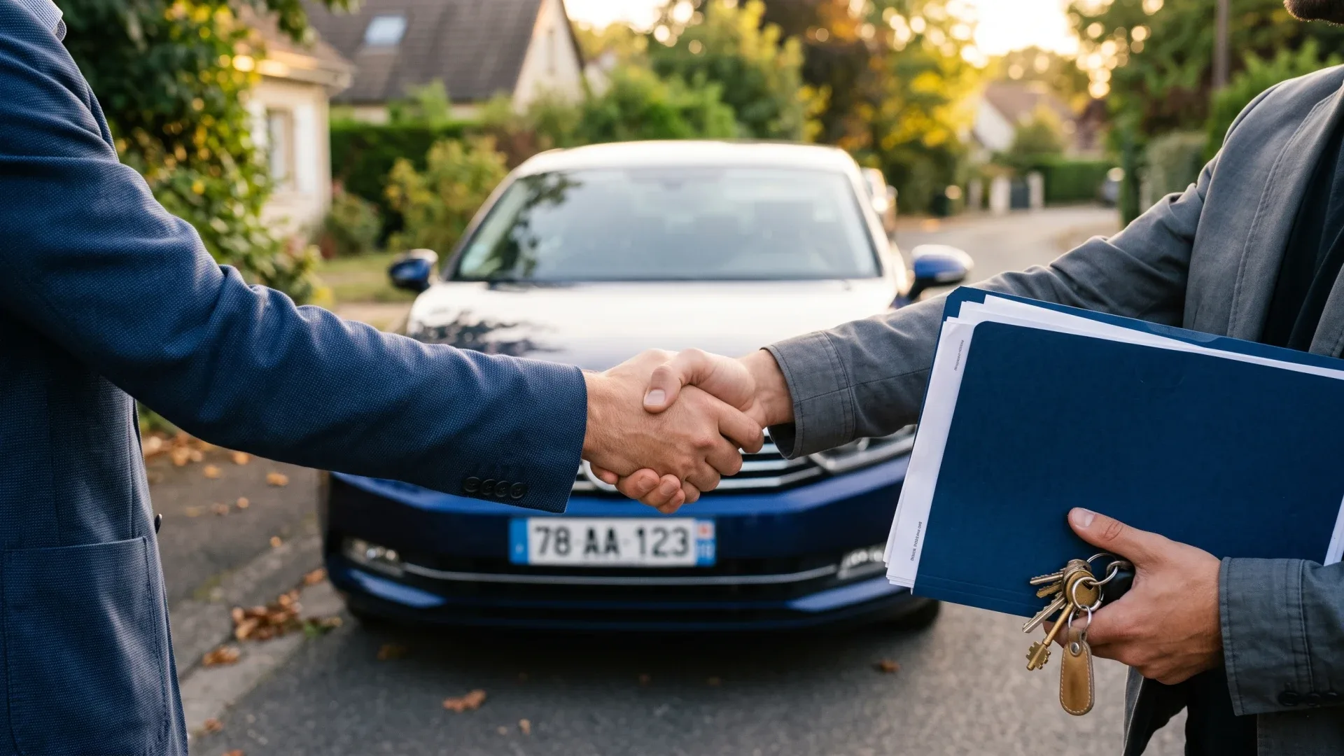 Vendeur remettant les papiers pour vendre sa voiture à un particulier