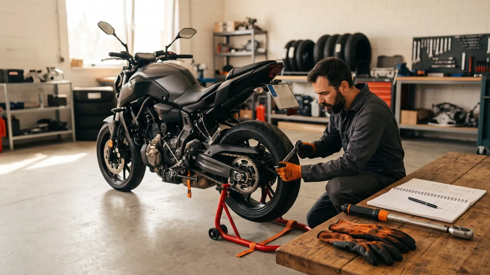 Entretien moto en atelier : réglage de la tension de chaîne sur une moto posée sur béquille, clé dynamométrique et carnet de suivi sur l'établi