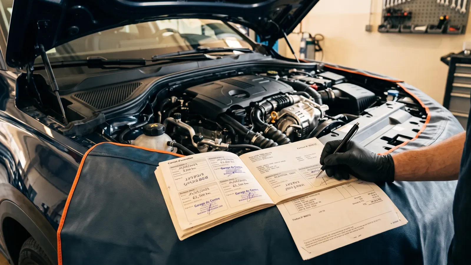 Mécanicien remplissant le carnet d'entretien d'une voiture capot ouvert, avec la facture du garage : les preuves qui conservent la garantie constructeur
