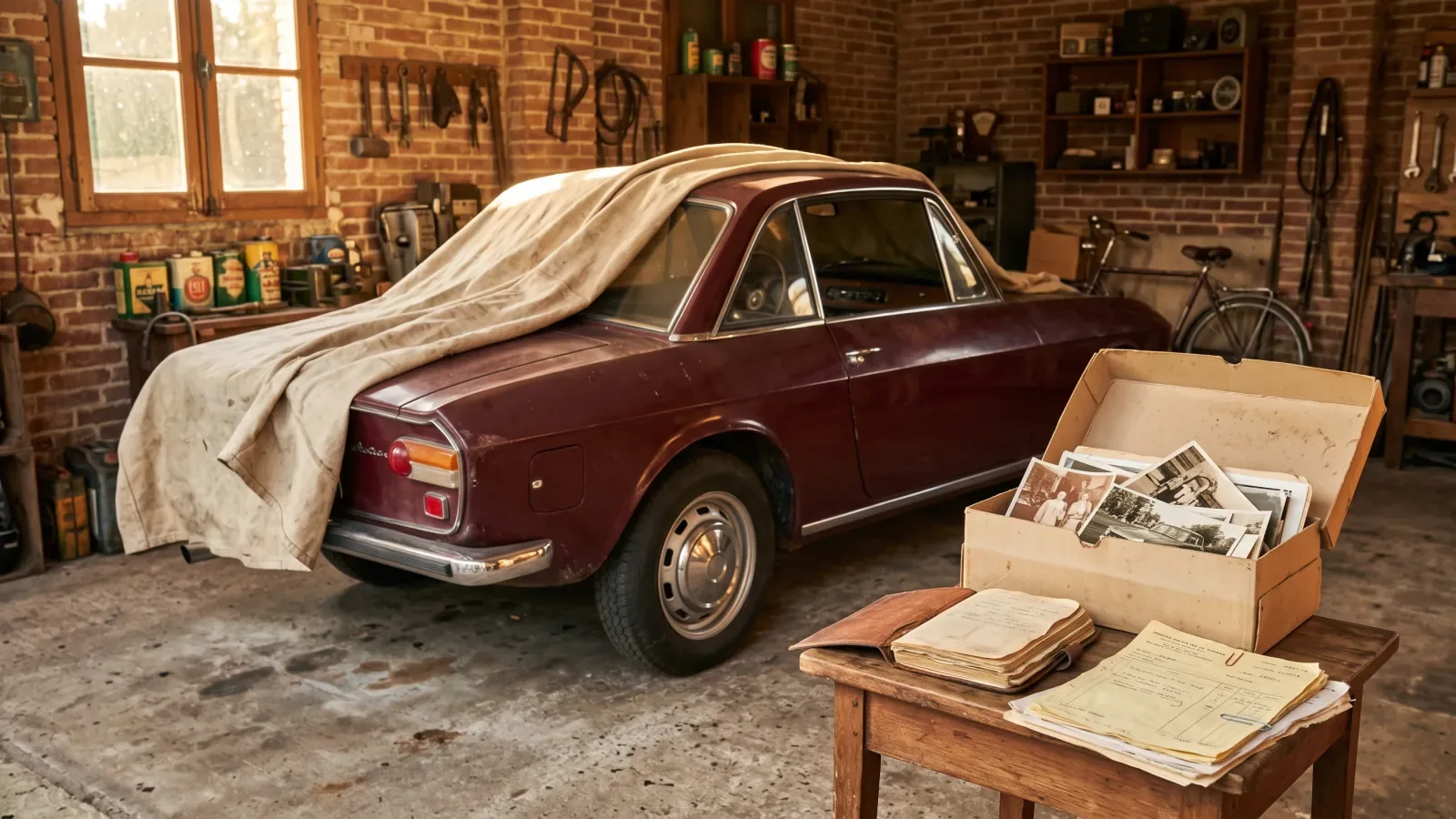 Véhicule de collection ancien sous housse dans un garage, avec une boîte de photos d'époque et des documents d'entretien posés sur une table